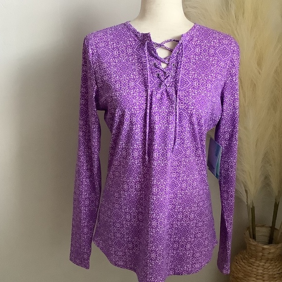 Coolibar UPF 50+ Tropical Top Women's M Purple Blue Laced Neck Long Sleeve NWT - Picture 1 of 15